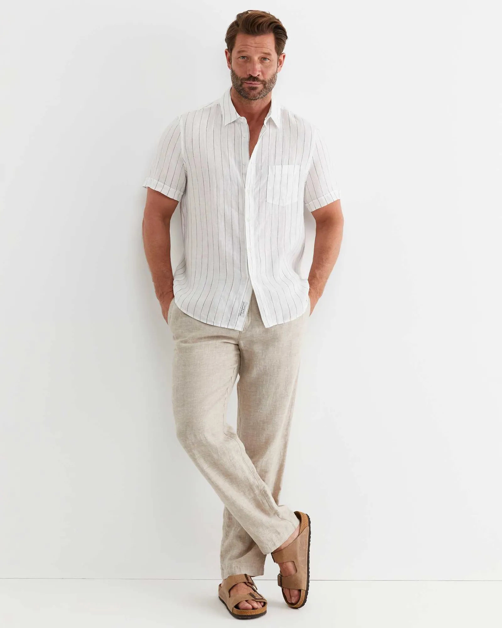 Online Sportscraft Alan Short Sleeve Linen Shirt in Whitemulti White/multi