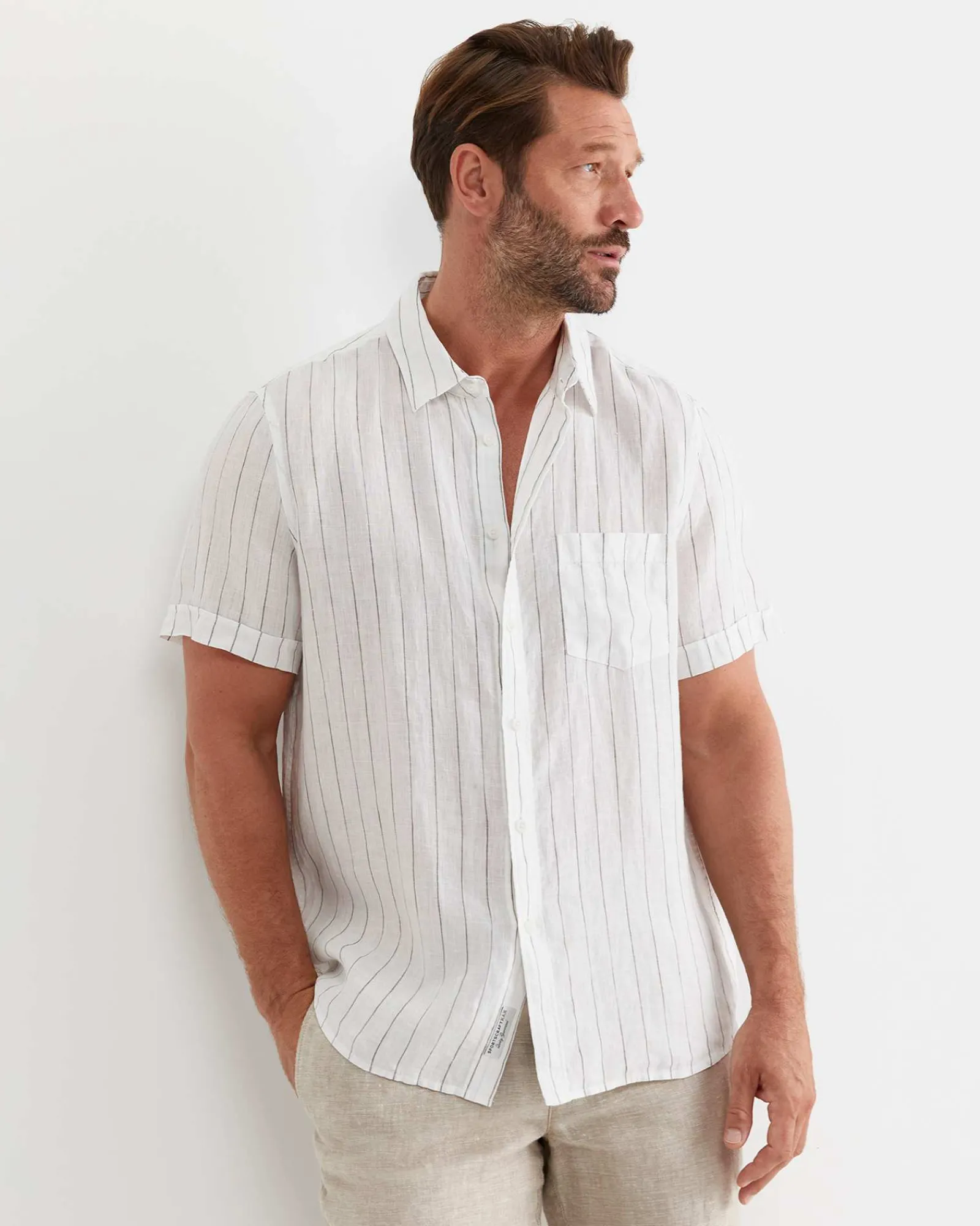Online Sportscraft Alan Short Sleeve Linen Shirt in Whitemulti White/multi