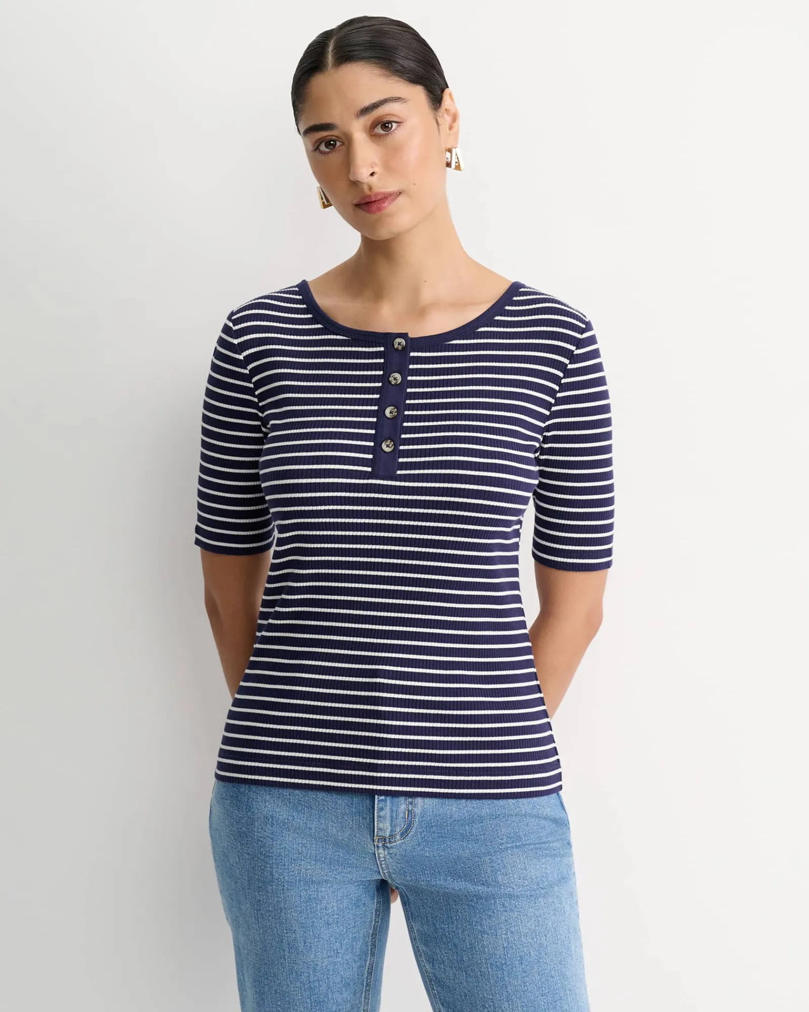 Clearance Sportscraft Allie Rib Henley Tee in Navywhite Navy/white