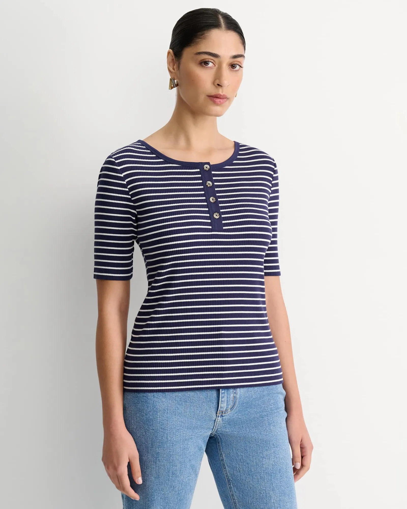 Clearance Sportscraft Allie Rib Henley Tee in Navywhite Navy/white
