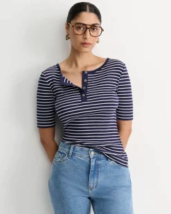 Clearance Sportscraft Allie Rib Henley Tee in Navywhite Navy/white