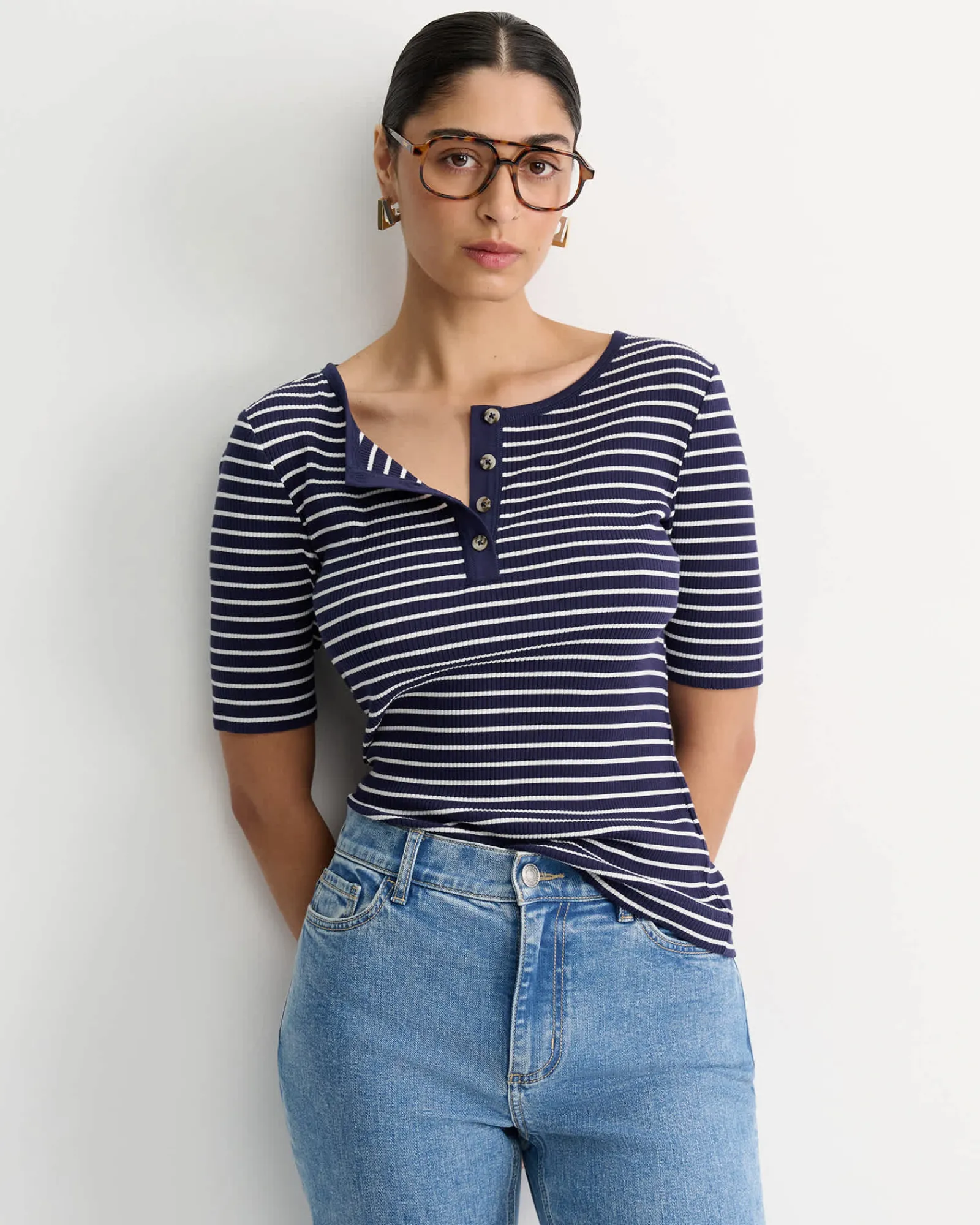 Clearance Sportscraft Allie Rib Henley Tee in Navywhite Navy/white