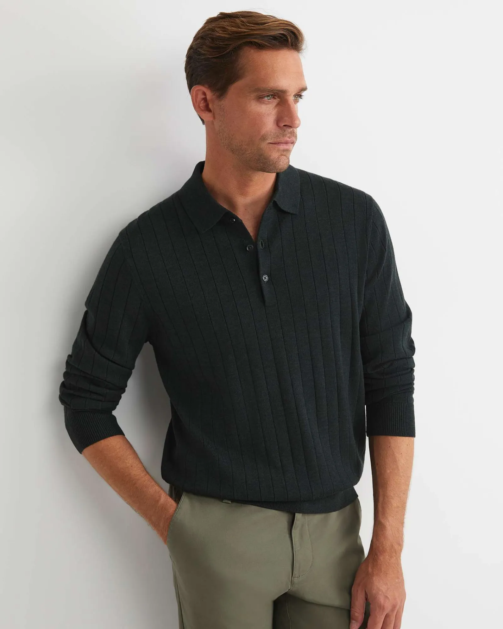 New Sportscraft Angus Merino Long Sleeve Knit Polo in Forest