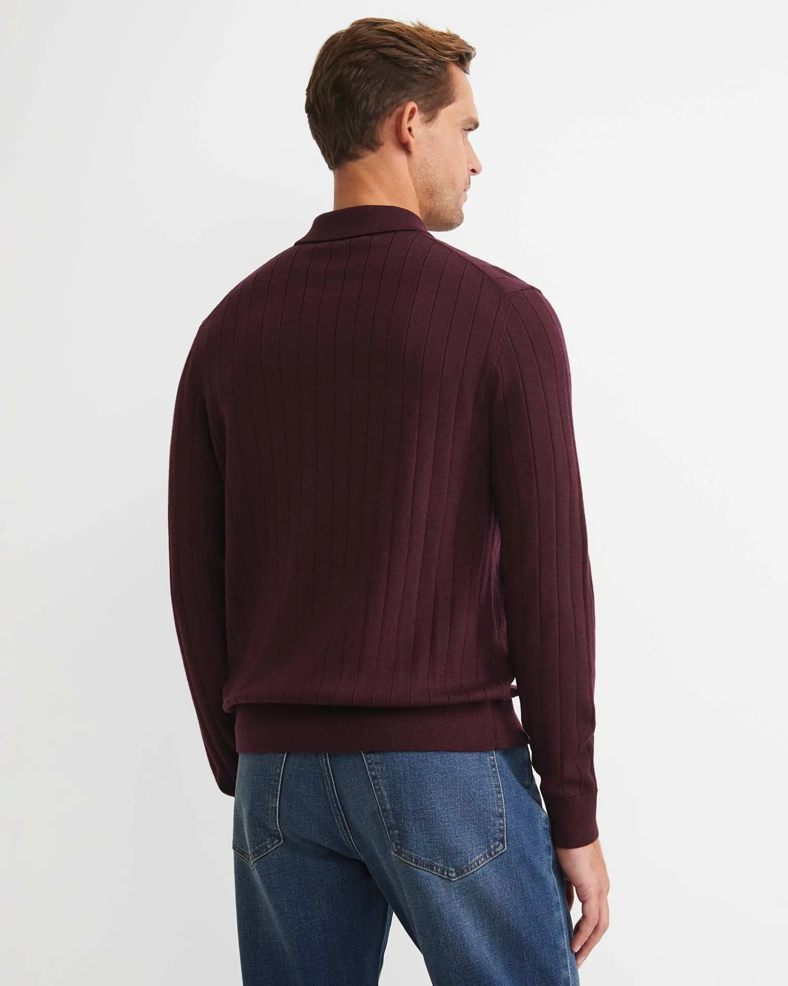 Sale Sportscraft Angus Merino Long Sleeve Knit Polo in Burgundy