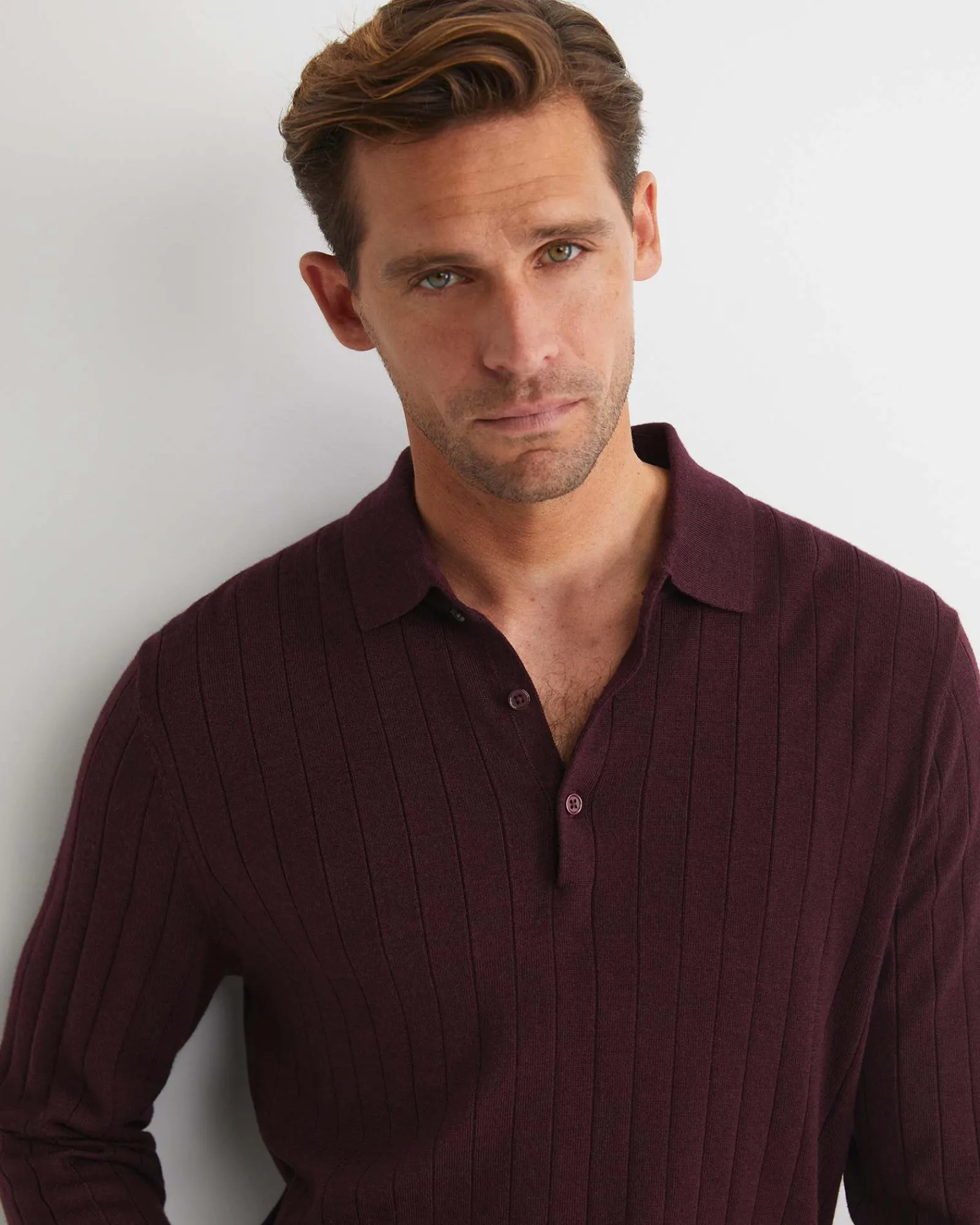 Sale Sportscraft Angus Merino Long Sleeve Knit Polo in Burgundy