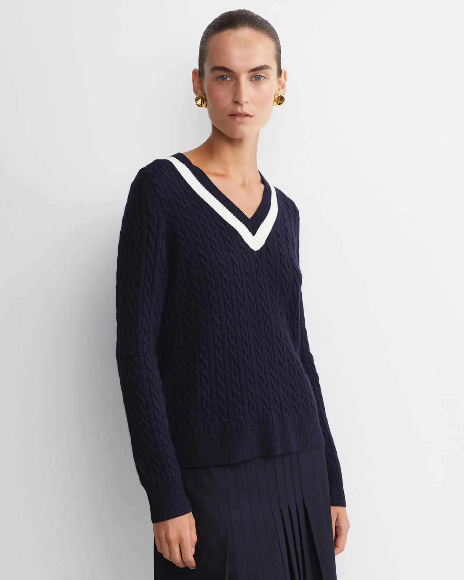 Discount Sportscraft Baby Cable V-Neck Sweater in Navywhite Navy/white