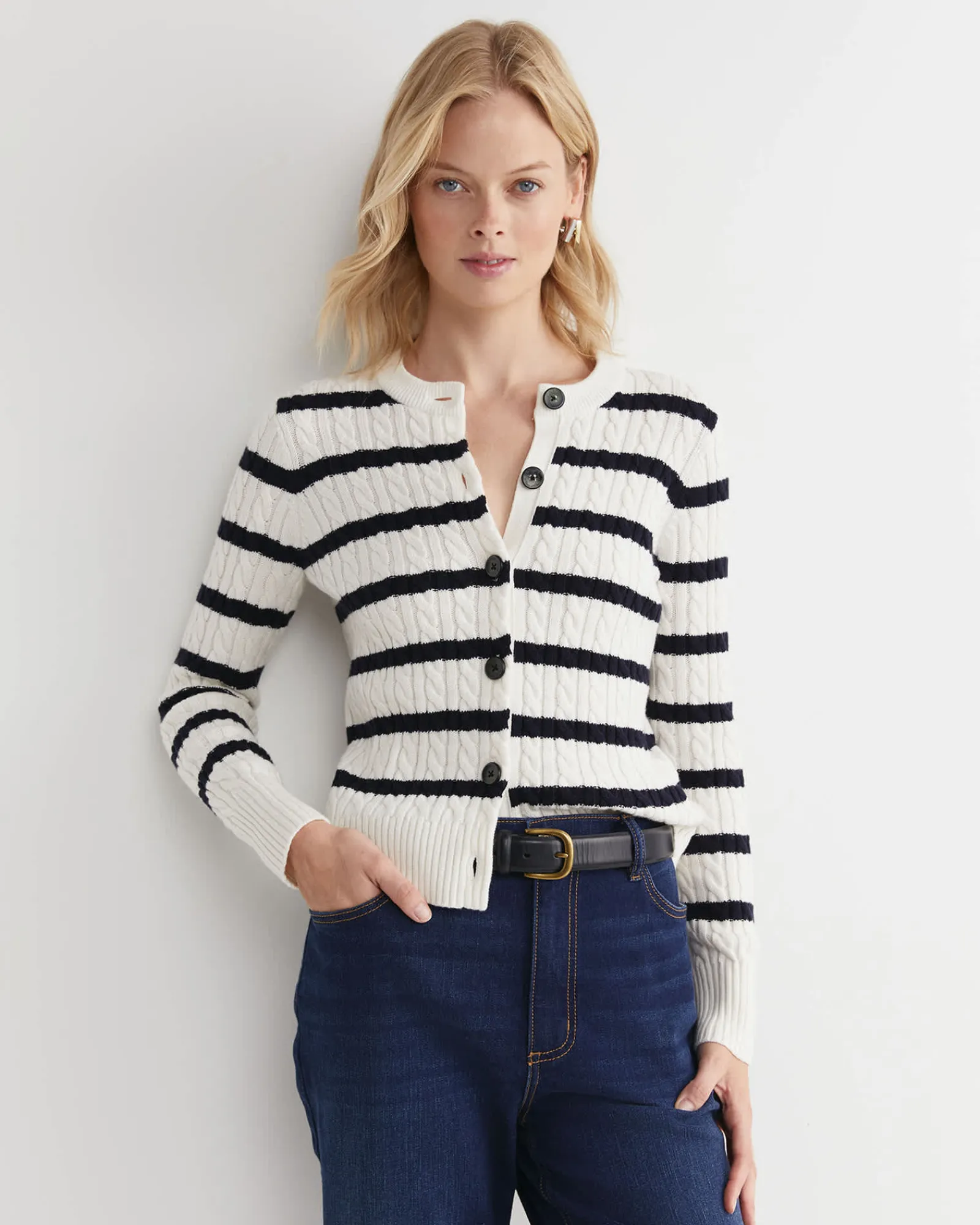 Best Sportscraft Cable Merino Cotton Cardigan in Whitenavy White/navy