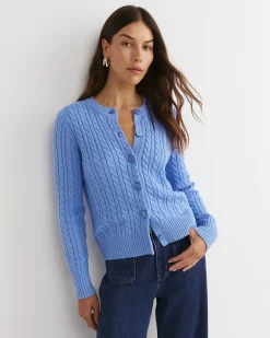 New Sportscraft Cable Merino Cotton Cardigan in Belle Blue BelleBlue