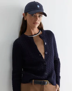 Best Sportscraft Cable Merino Cotton Cardigan in Navy