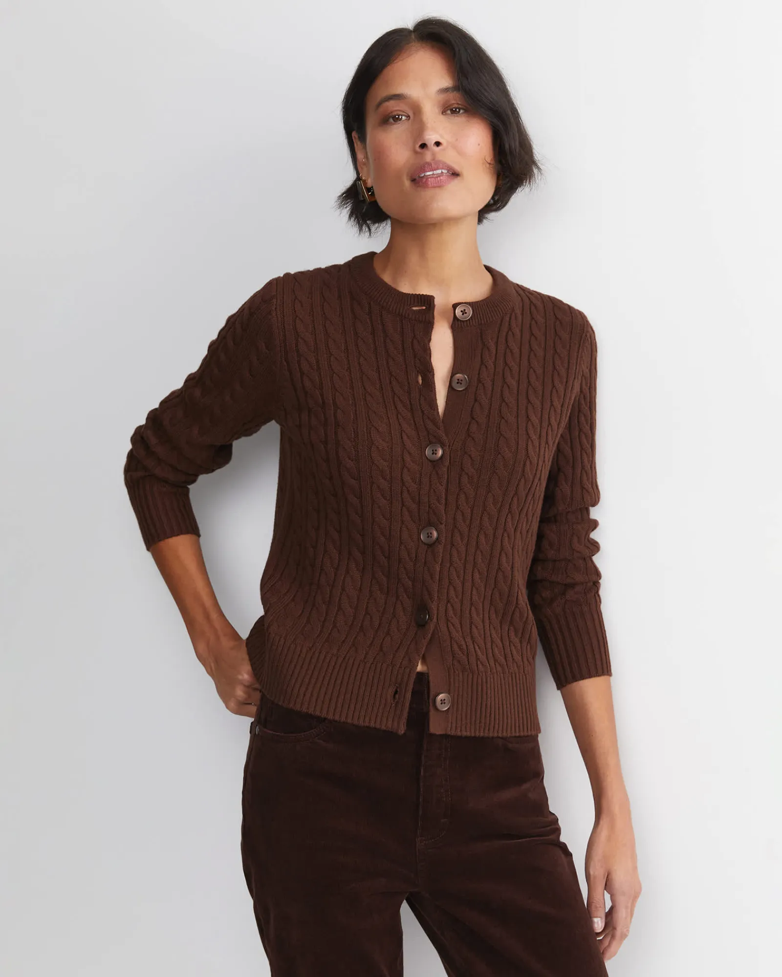 Hot Sportscraft Cable Merino Cotton Cardigan in Chocolate