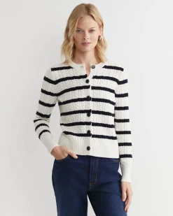 Best Sportscraft Cable Merino Cotton Cardigan in Whitenavy White/navy