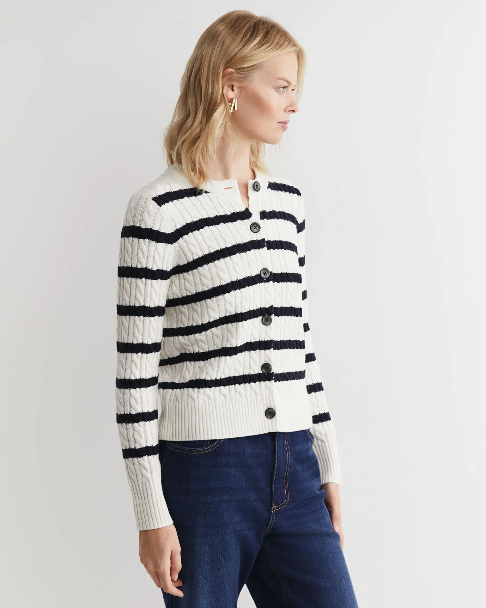 Best Sportscraft Cable Merino Cotton Cardigan in Whitenavy White/navy