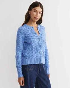 New Sportscraft Cable Merino Cotton Cardigan in Belle Blue BelleBlue
