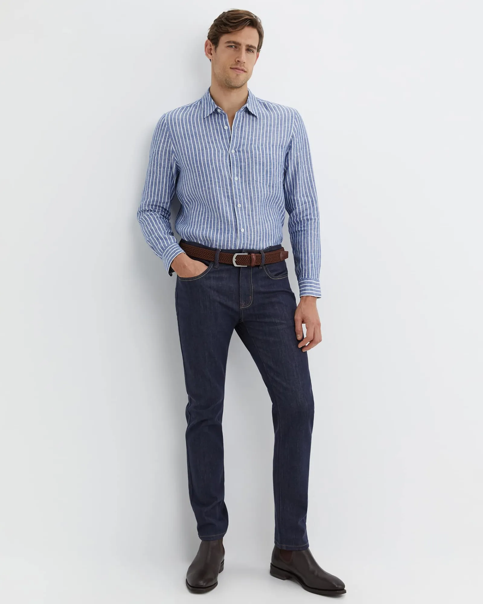 Discount Sportscraft Chalmers Long Sleeve Stripe Linen Shirt in Bluewhite Blue/white