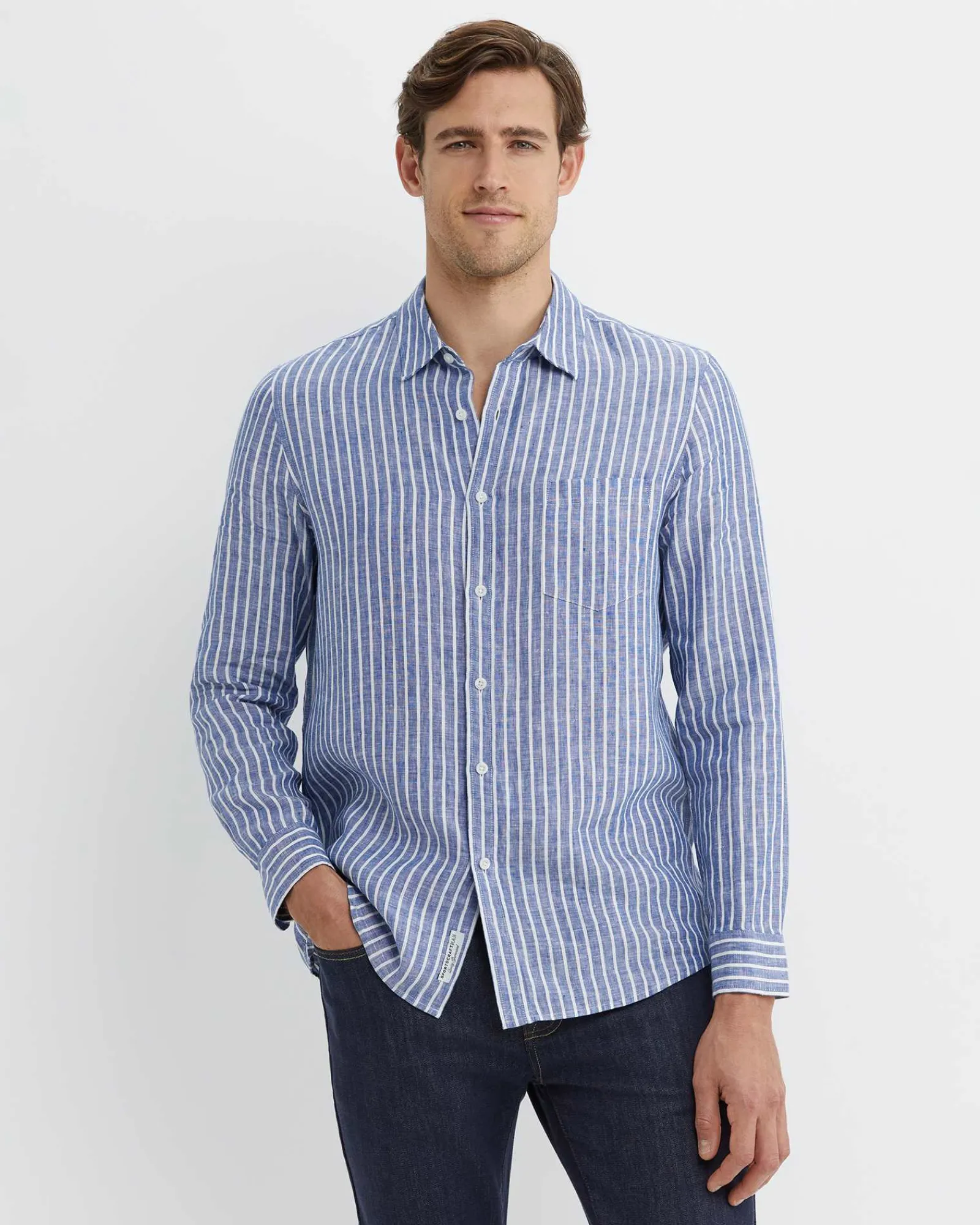 Discount Sportscraft Chalmers Long Sleeve Stripe Linen Shirt in Bluewhite Blue/white
