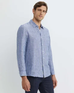 Discount Sportscraft Chalmers Long Sleeve Stripe Linen Shirt in Bluewhite Blue/white