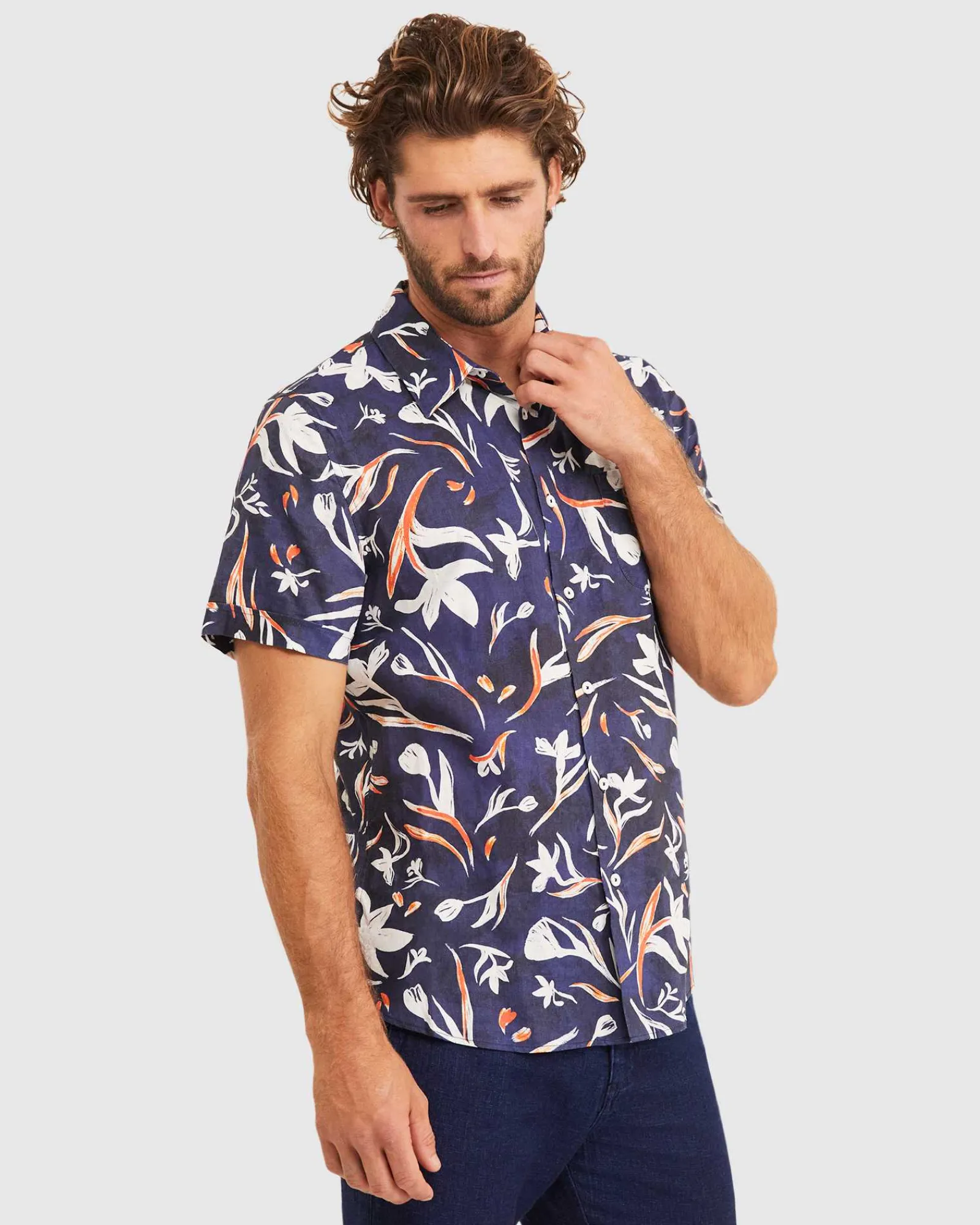New Sportscraft Crawford Short Sleeve Tapered Shirt in Navy