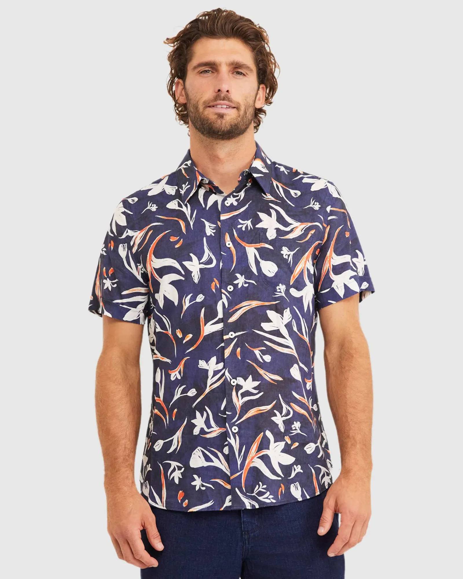 New Sportscraft Crawford Short Sleeve Tapered Shirt in Navy