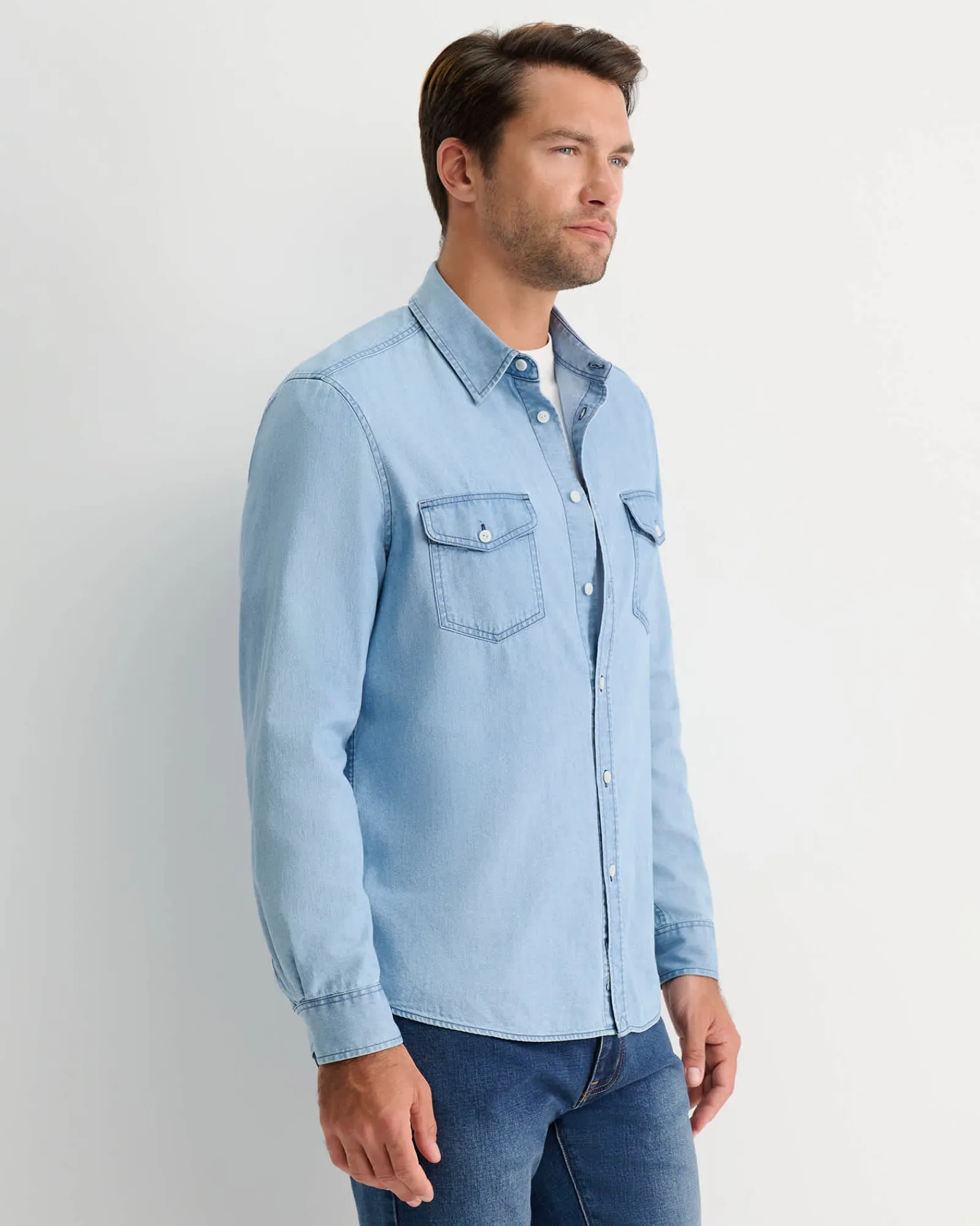 New Sportscraft Denim Long Sleeve Shirt in Light Wash LightWash