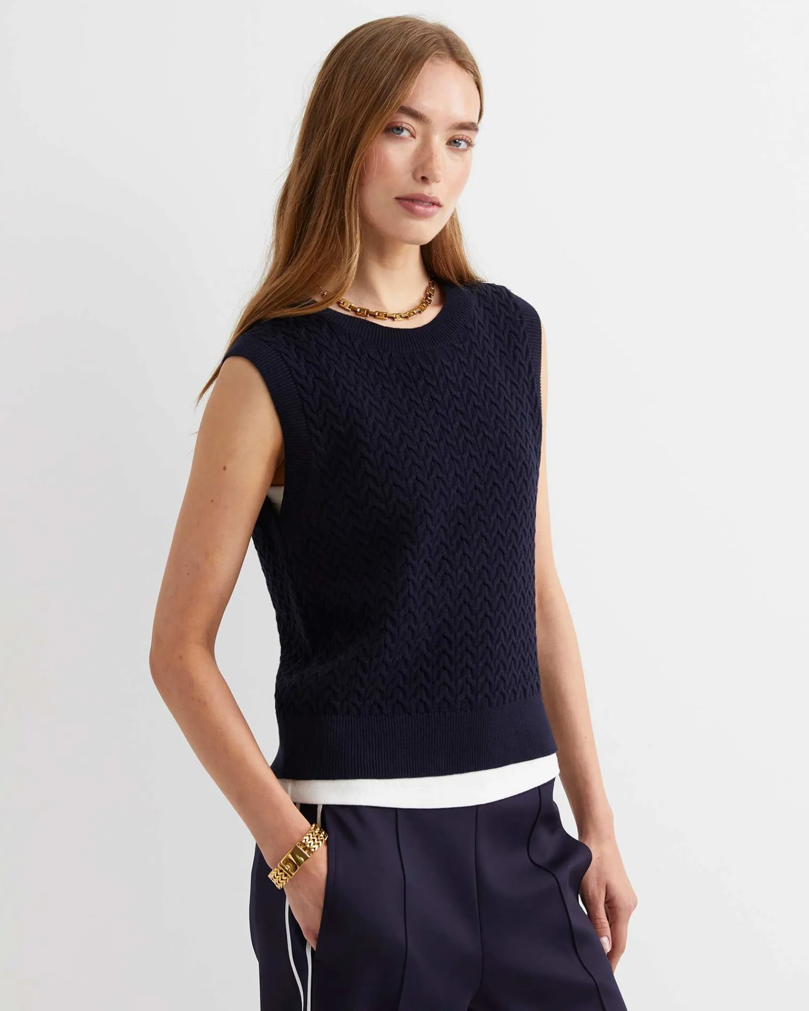 New Sportscraft Elka Cable Cropped Vest in Navy