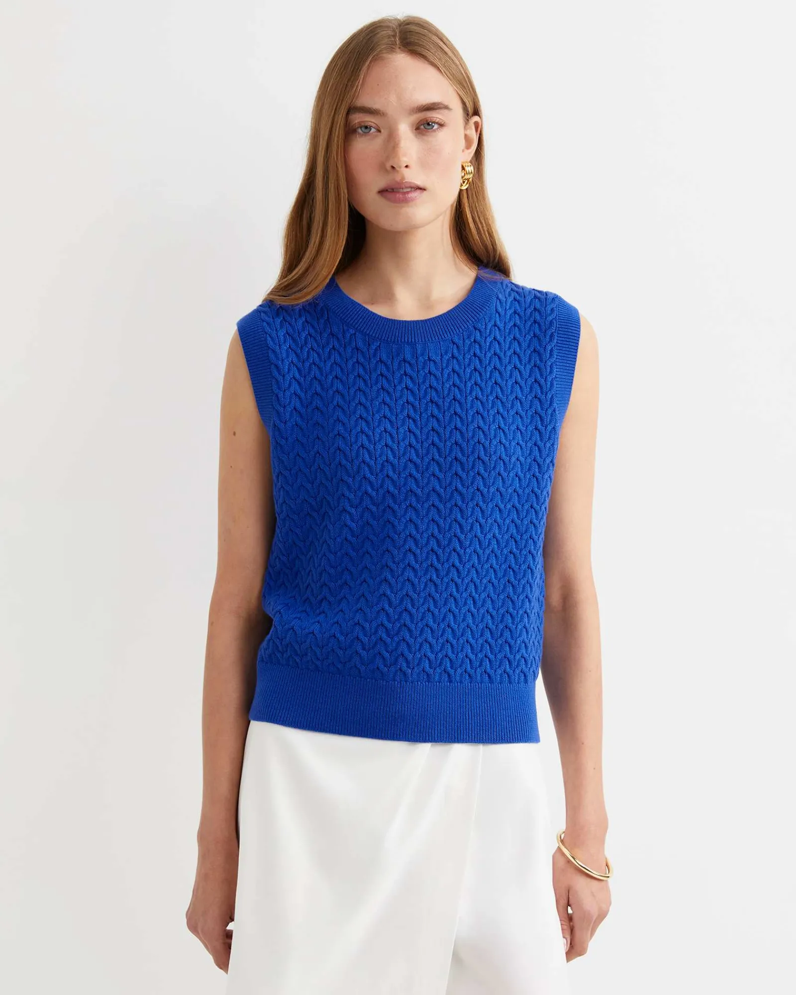 Fashion Sportscraft Elka Cable Cropped Vest in Sorrento Blue SorrentoBlue