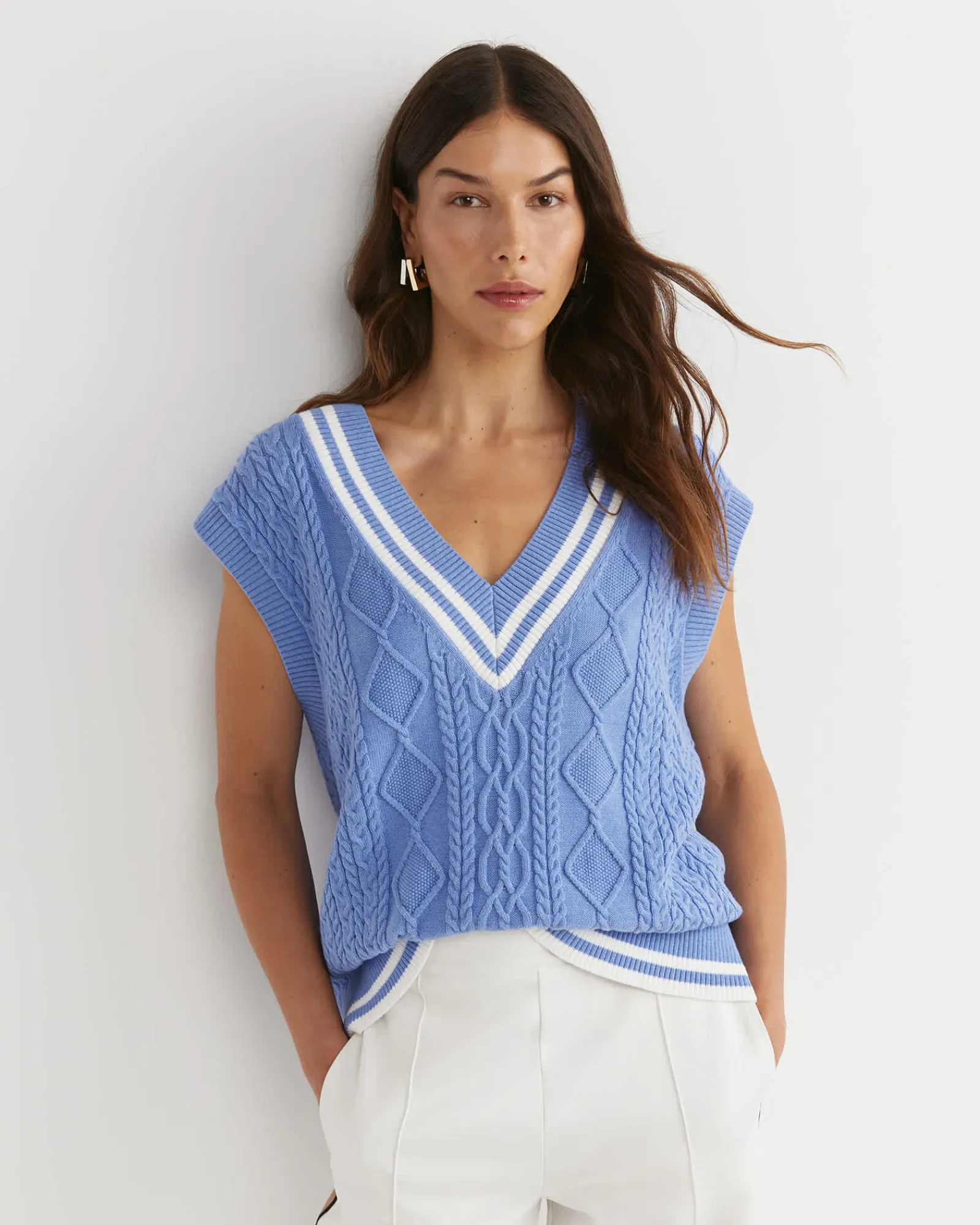 Sale Sportscraft Elka Cable V-Neck Vest in Belle Blue BelleBlue