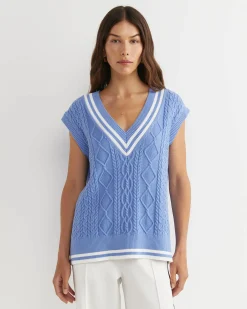 Sale Sportscraft Elka Cable V-Neck Vest in Belle Blue BelleBlue