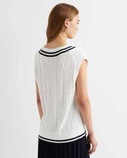 Best Sportscraft Elka Cable V-Neck Vest in Whitenavy White/navy