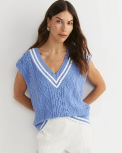 Sale Sportscraft Elka Cable V-Neck Vest in Belle Blue BelleBlue