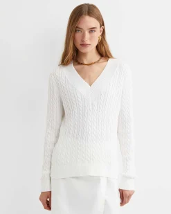 Outlet Sportscraft Elka Varsity Cable Sweater in Winter White WinterWhite