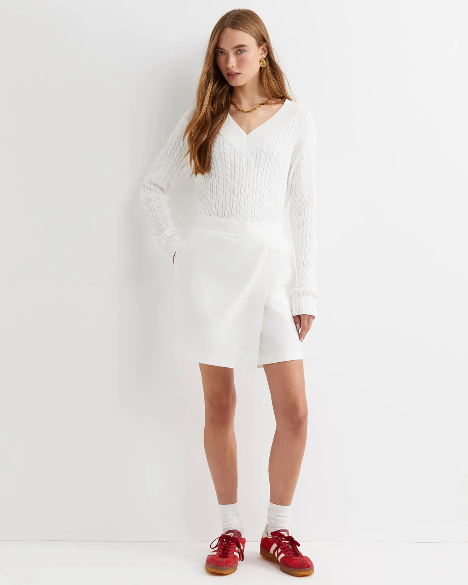 Outlet Sportscraft Elka Varsity Cable Sweater in Winter White WinterWhite