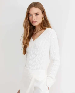 Outlet Sportscraft Elka Varsity Cable Sweater in Winter White WinterWhite