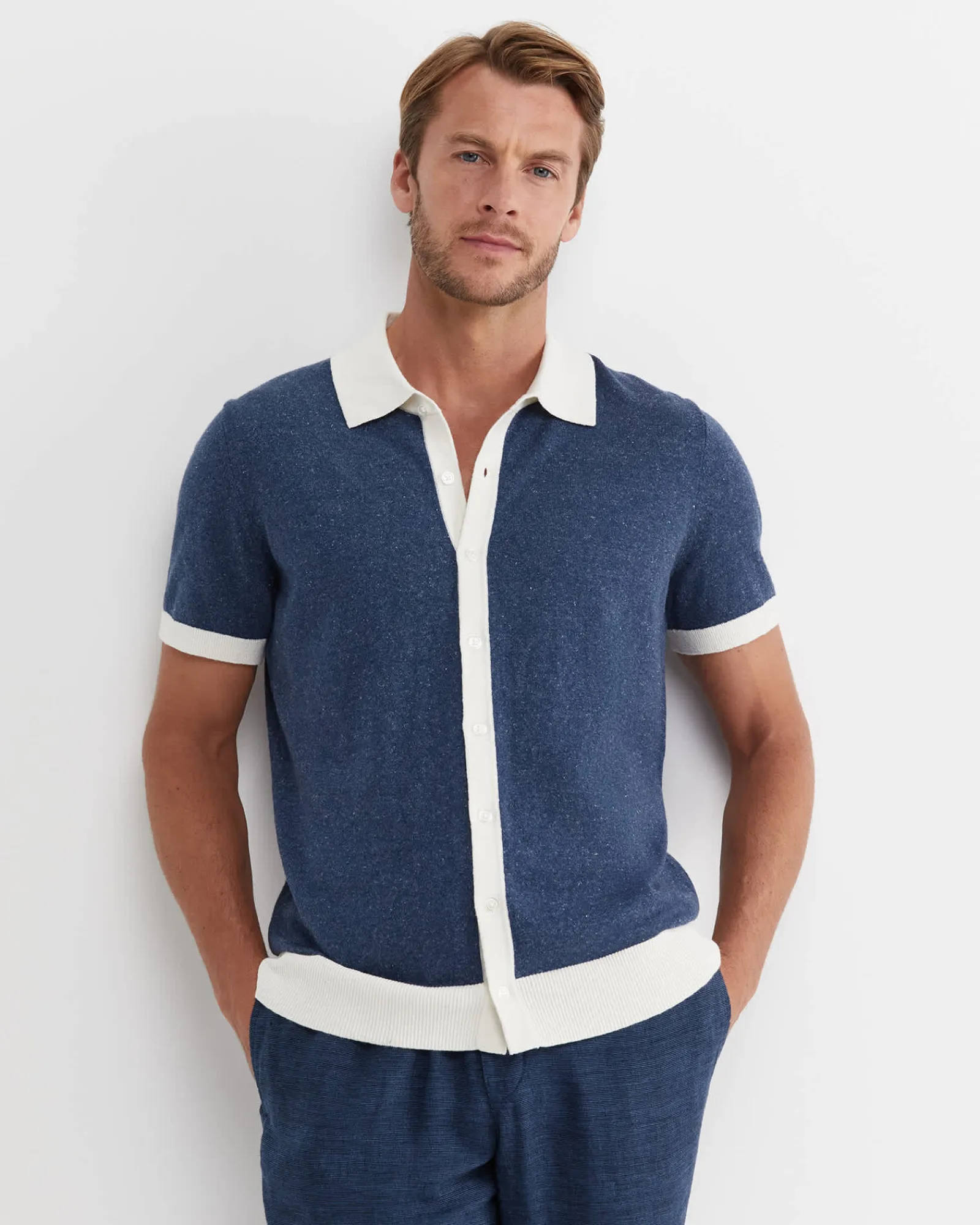 Clearance Sportscraft Ellis Knitted Short Sleeve Shirt in Navy