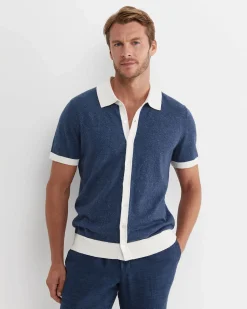 Clearance Sportscraft Ellis Knitted Short Sleeve Shirt in Navy