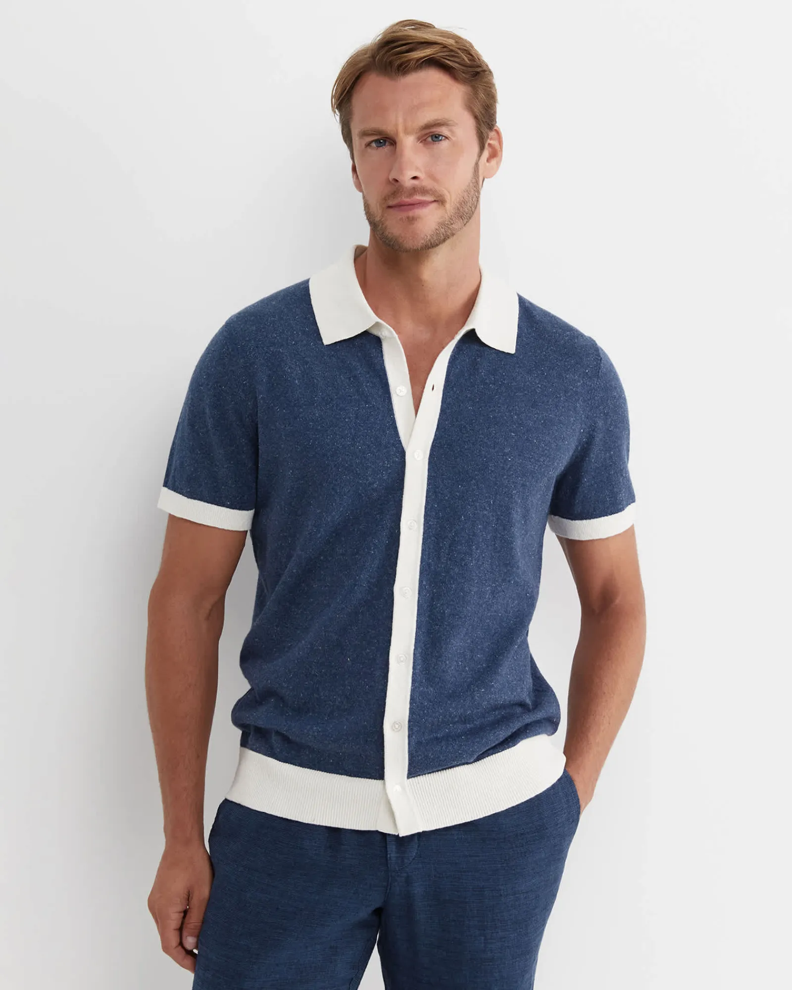 Clearance Sportscraft Ellis Knitted Short Sleeve Shirt in Navy