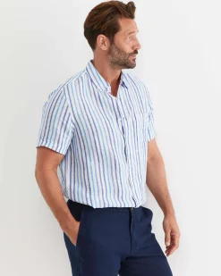 Hot Sportscraft Fenton Short Sleeve Stripe Linen Shirt in Blue Multi BlueMulti