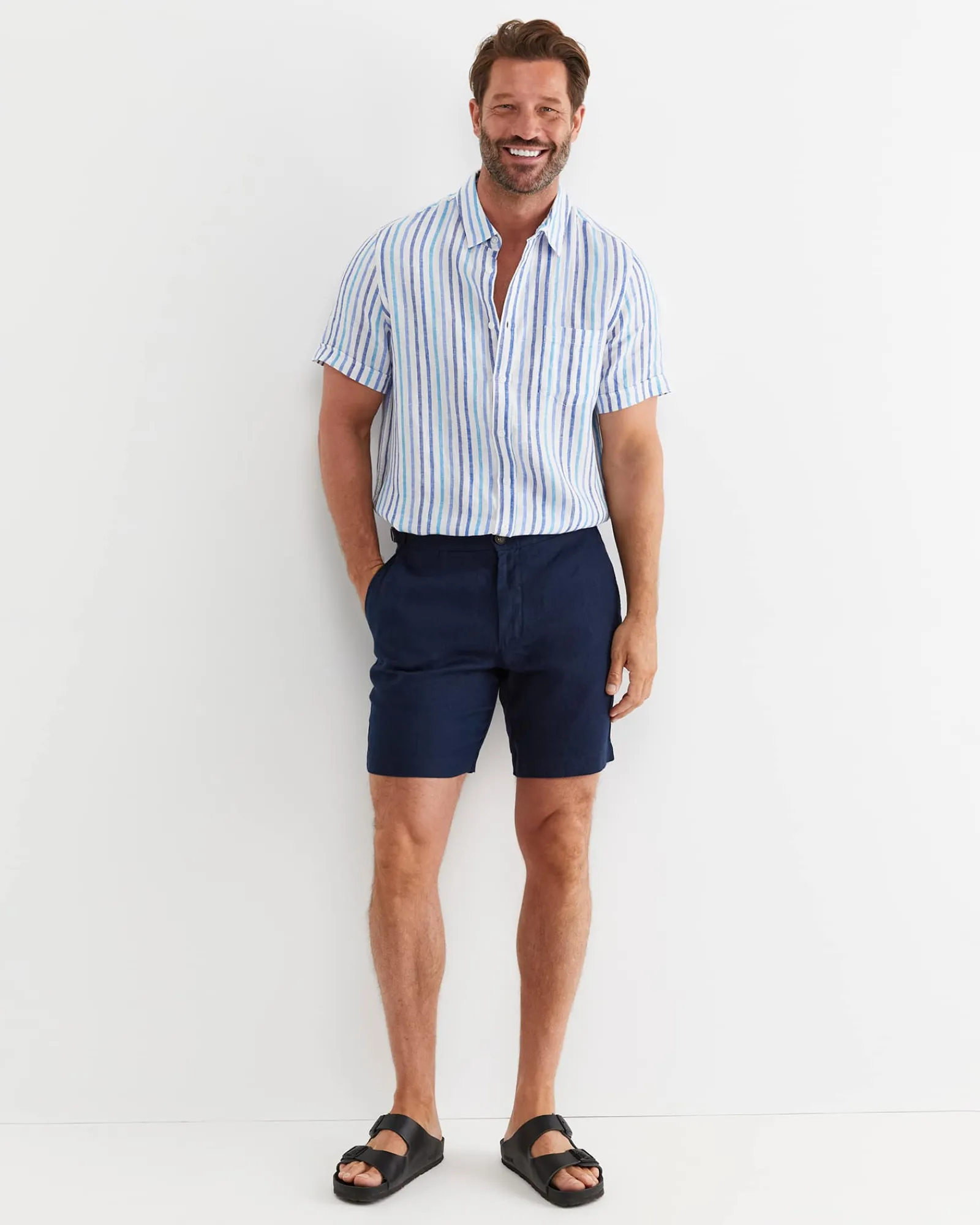 Hot Sportscraft Fenton Short Sleeve Stripe Linen Shirt in Blue Multi BlueMulti