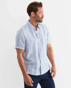 Hot Sportscraft Fenton Short Sleeve Stripe Linen Shirt in Blue Multi BlueMulti