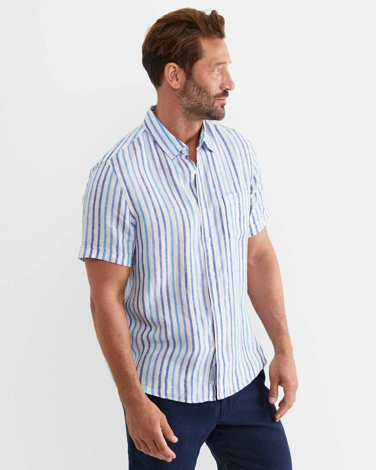 Hot Sportscraft Fenton Short Sleeve Stripe Linen Shirt in Blue Multi BlueMulti