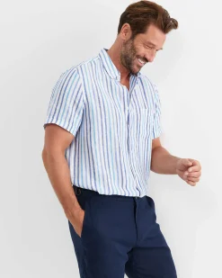 Hot Sportscraft Fenton Short Sleeve Stripe Linen Shirt in Blue Multi BlueMulti