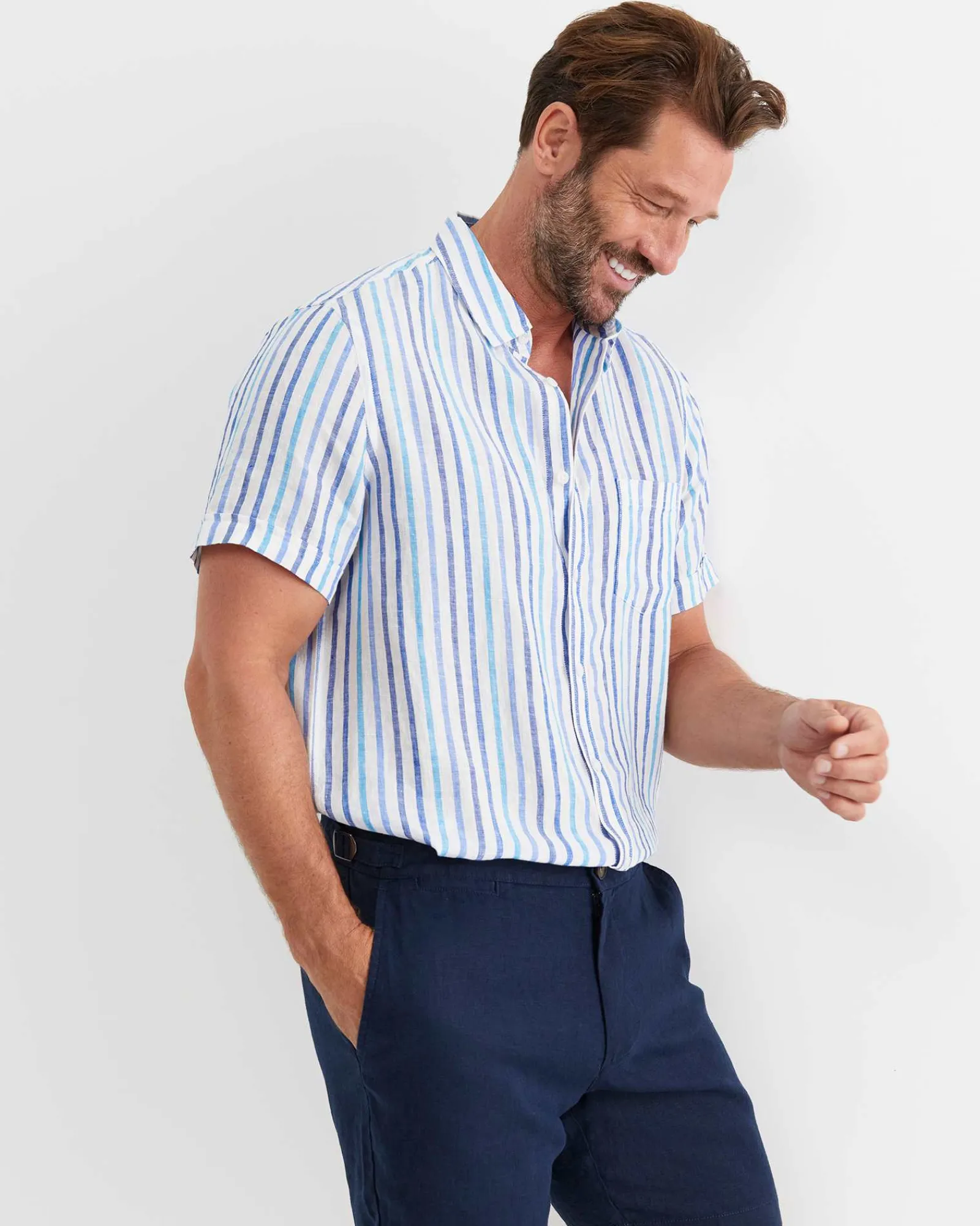 Hot Sportscraft Fenton Short Sleeve Stripe Linen Shirt in Blue Multi BlueMulti