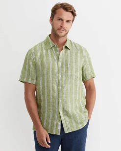 Sale Sportscraft Flynn Short Sleeve Stripe Linen Shirt in Green Multi GreenMulti