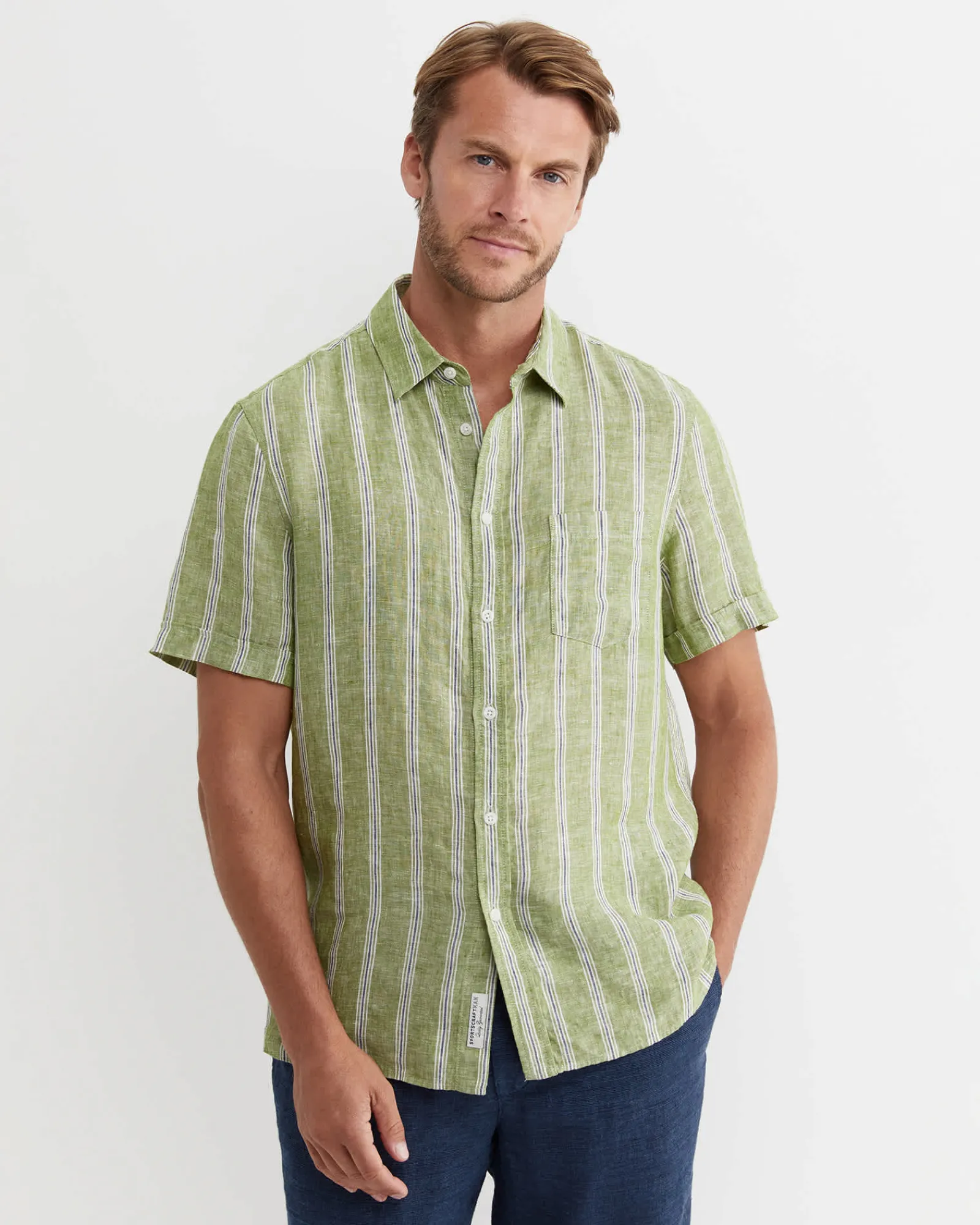Sale Sportscraft Flynn Short Sleeve Stripe Linen Shirt in Green Multi GreenMulti
