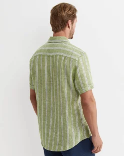 Sale Sportscraft Flynn Short Sleeve Stripe Linen Shirt in Green Multi GreenMulti