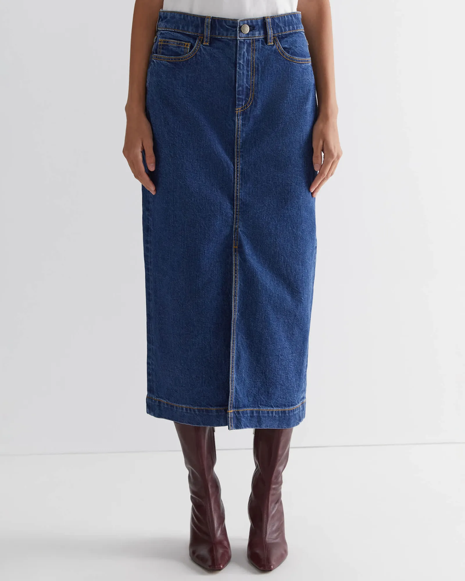 New Sportscraft Gabi Denim Midi Skirt in Heritage Blue HeritageBlue