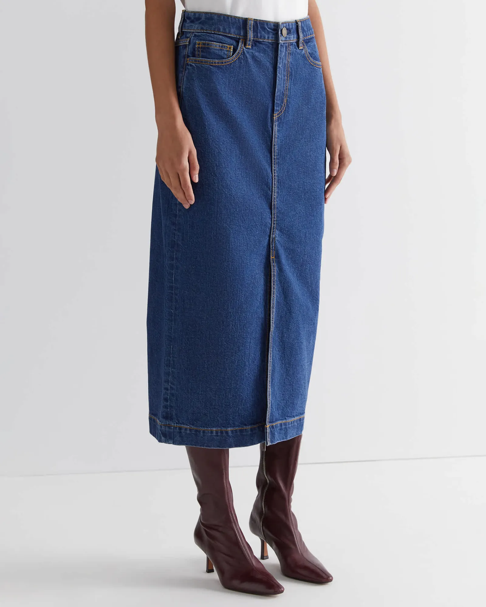 New Sportscraft Gabi Denim Midi Skirt in Heritage Blue HeritageBlue