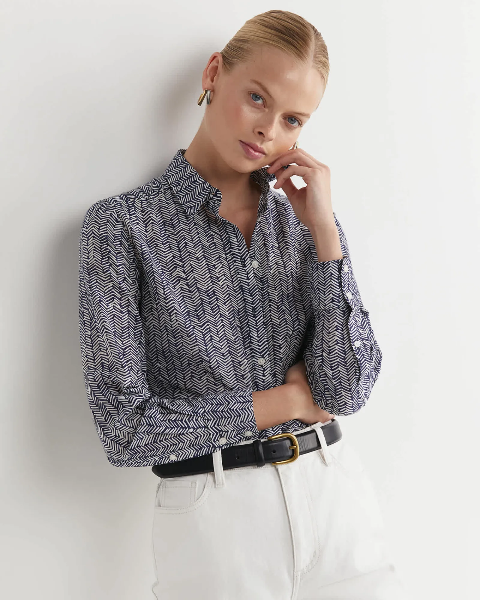 Best Sportscraft Harriet Cotton Silk Shirt in Navy Multi NavyMulti
