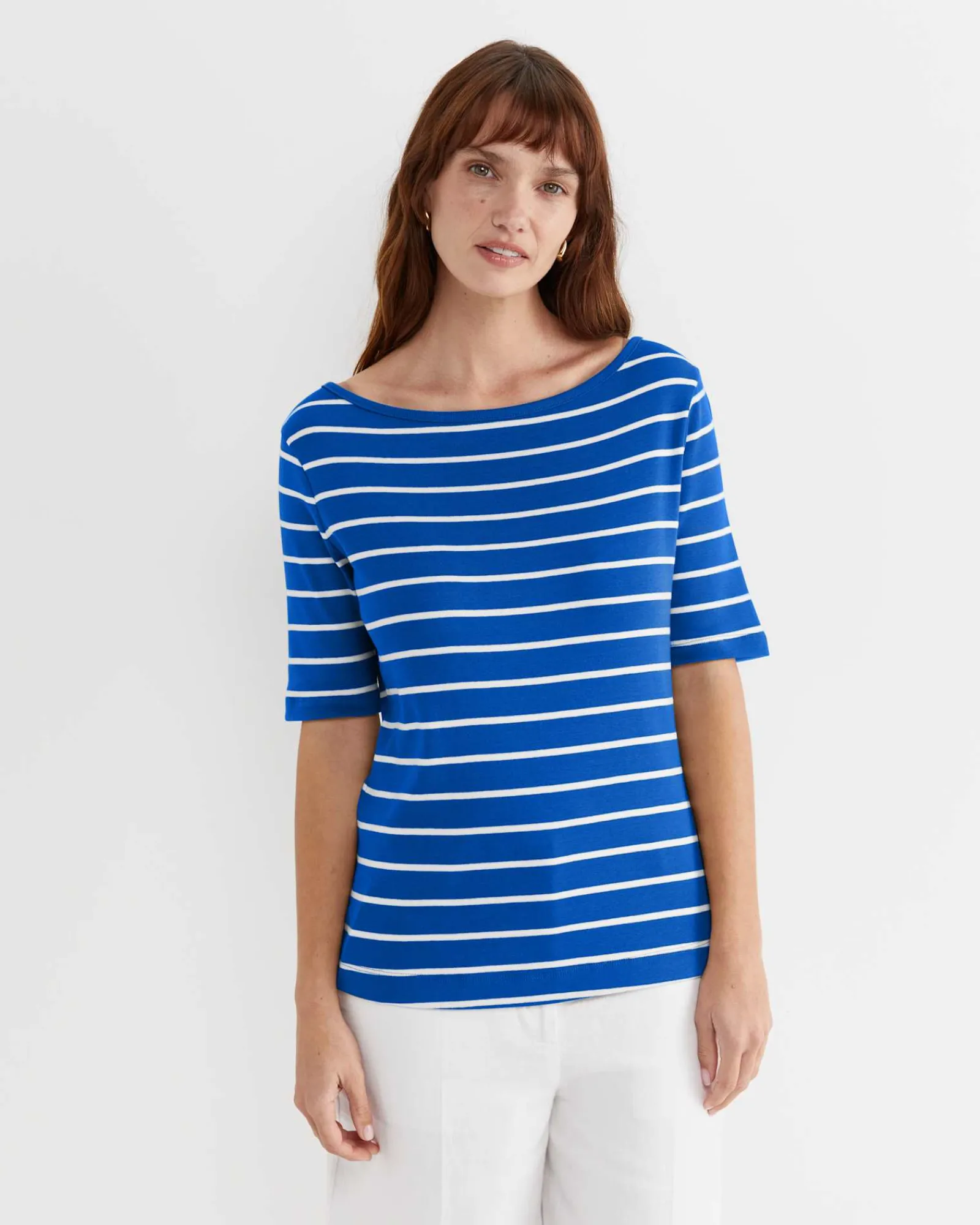 Clearance Sportscraft Heidi Boat Neck Half Sleeve Tee in Bluewhite Blue/white
