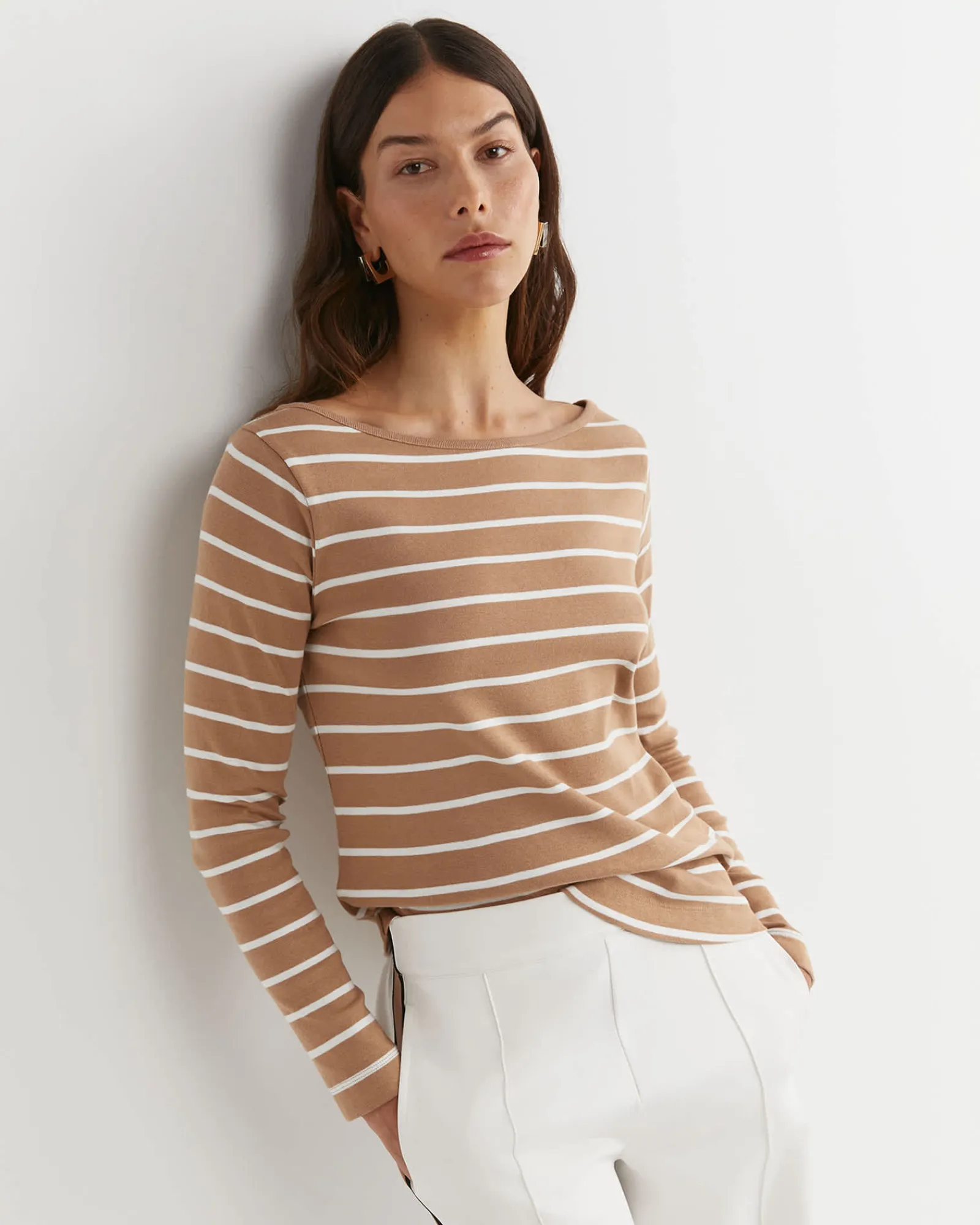 Online Sportscraft Heidi Long Sleeve Rib Tee in Tanwhite Tan/white
