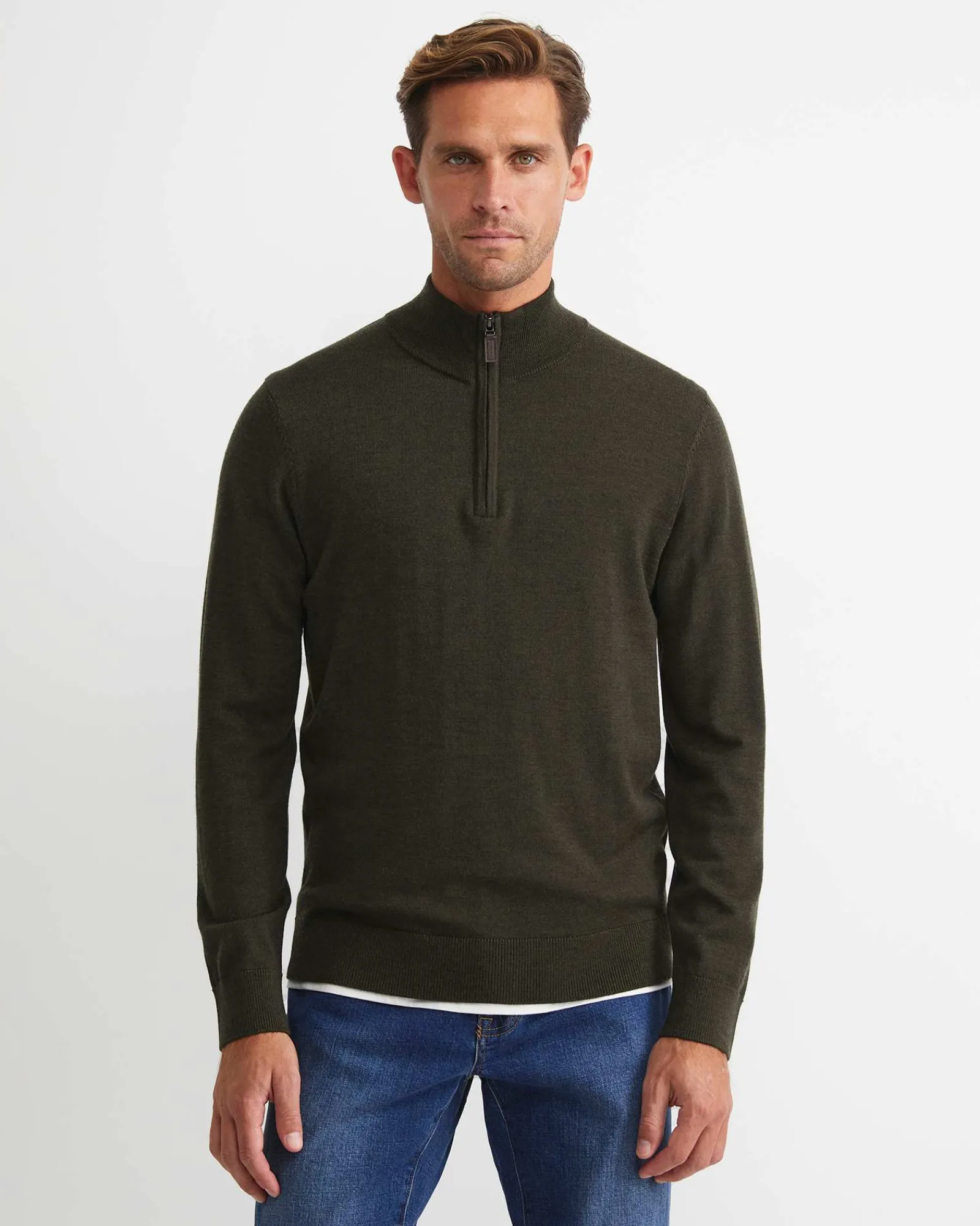 Sale Sportscraft Henry Merino Quarter Zip Knit in Dark Khaki DarkKhaki